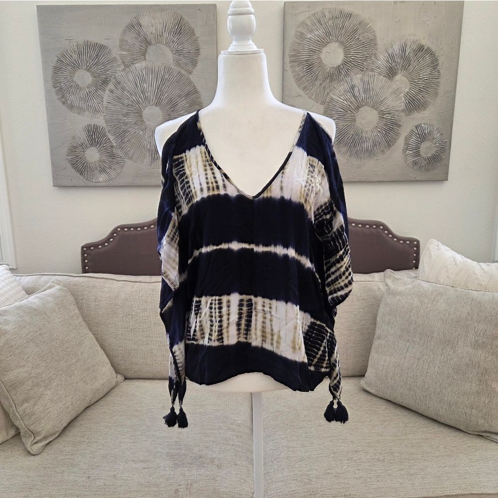 Lovestitch Tie Dye Boho Short Sleeve Cold Shoulder Tassel Festival Top Sz Med